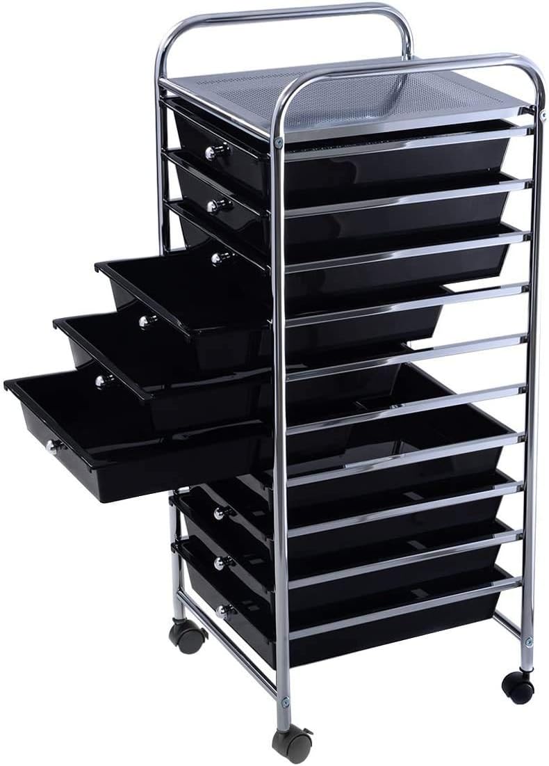 Nightcore Rolling Storage Cart w/ 10 Drawers, Multipurpose Craft Storage Cart w/Lockable Casters, Rolling Cart Organizer for Tools, Scrapbook & Paper, Utility Cart for Home, Office & School