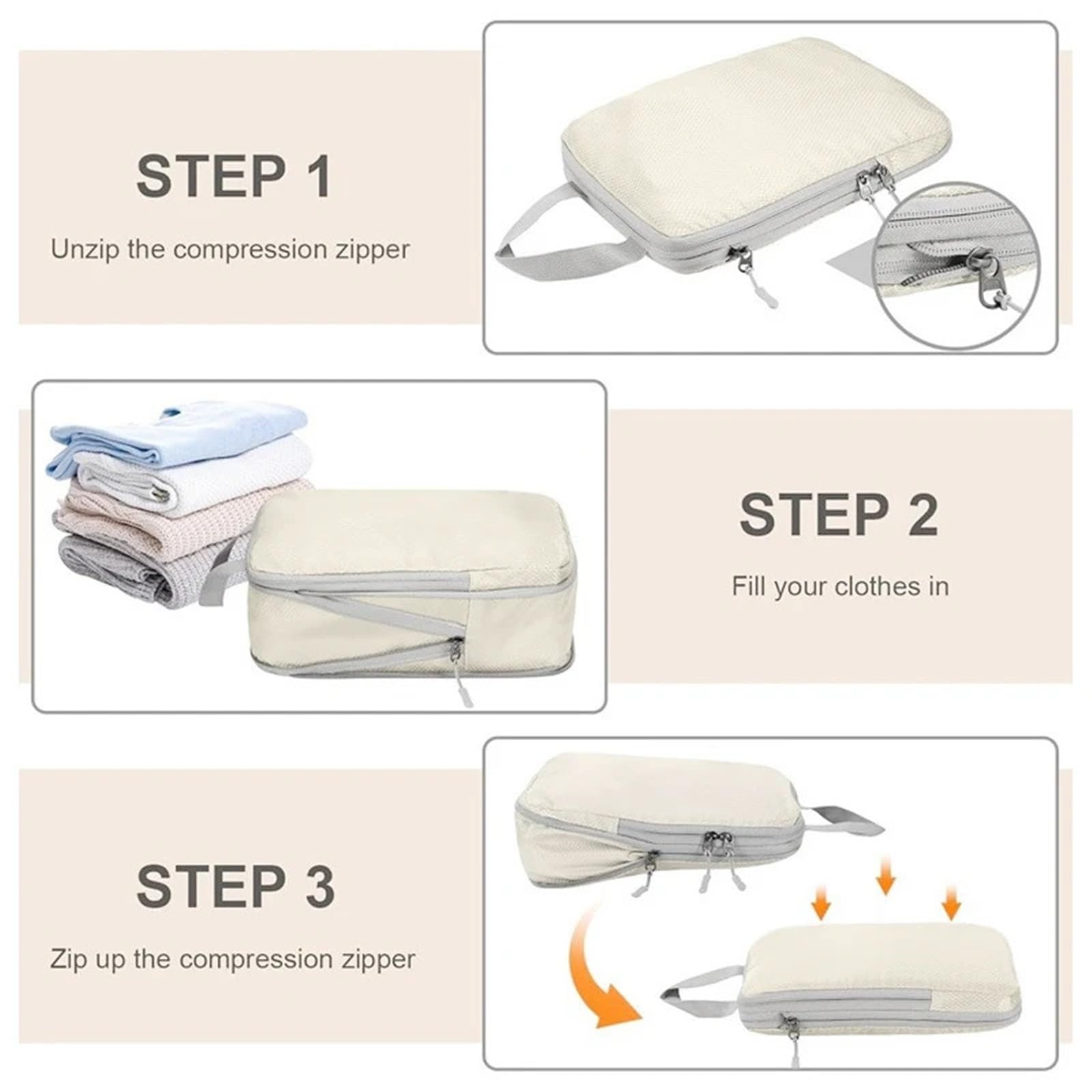 Set di 4 borse portaoggetti da viaggio con compressione, for riporre bagagli, abbigliamento e altro ancora per Vestiti, Scarpe, Cosmetici(Beige)