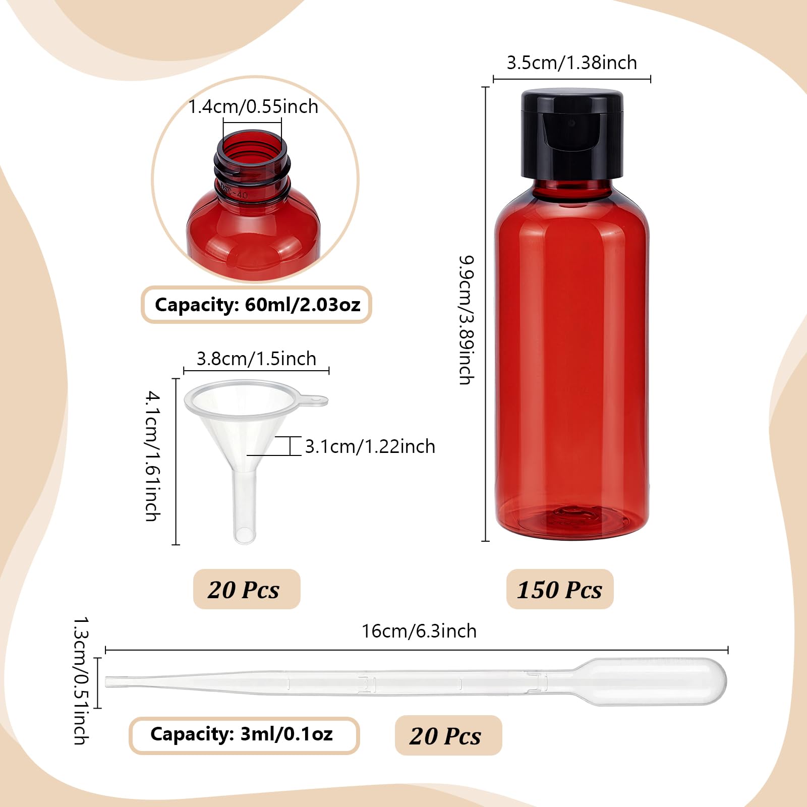 150 bottiglie di plastica vuote trasparenti da 60 ml, con chiusura a cerniera, in plastica, con coperchio, per shampoo e creme, con 20 imbuti e 20 pipette (rosso)