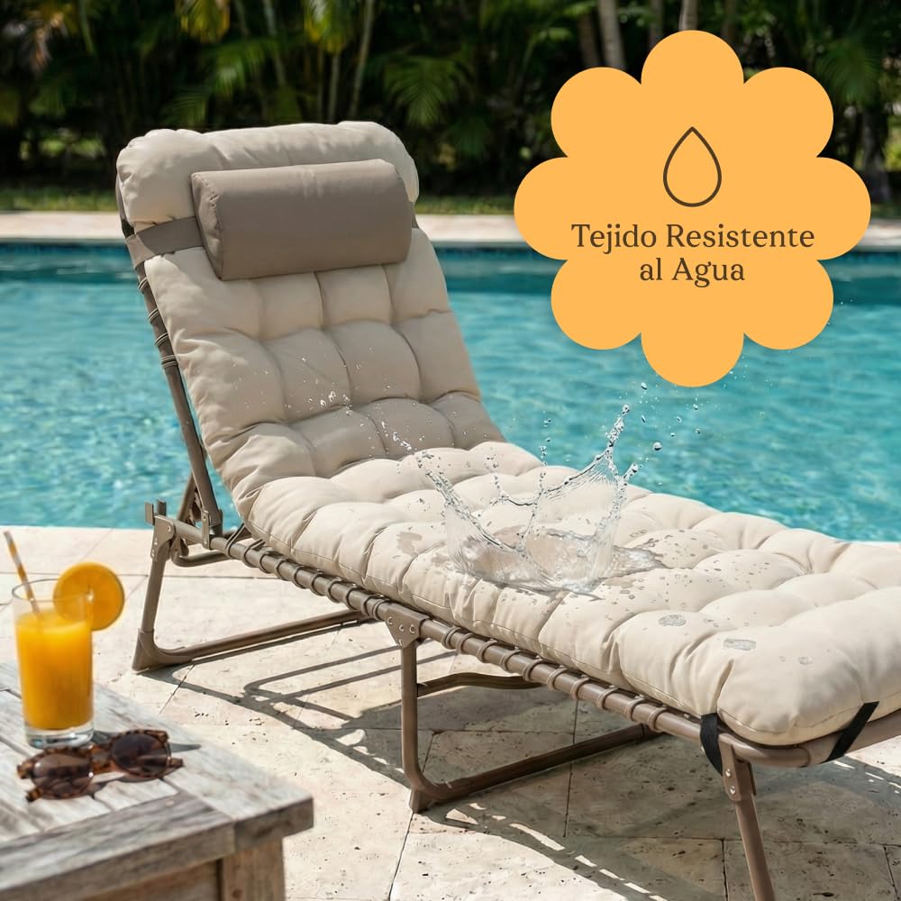CASABEL Tumbona Plegable con Cojín, Tumbona Jardín Resistente y Cómoda con Tejido Textilene, Estructura de Acero para Jardín, Terraza, Camping o Piscina, Color Topo