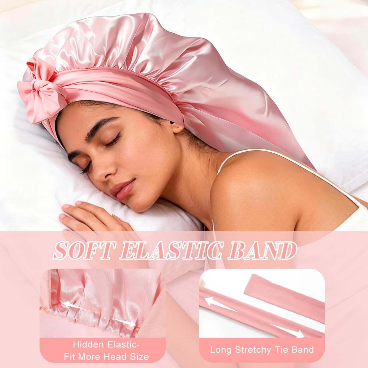 MAYCREATE® Satin Hair Cap for Sleeping Silk Bonnet Adjustable Long Hair Sleep Bonnet with Long Tie Ribbon, Sleep Cap for Curly Braids Extensions, Non Slip Night Bonnets (Pink) 2
