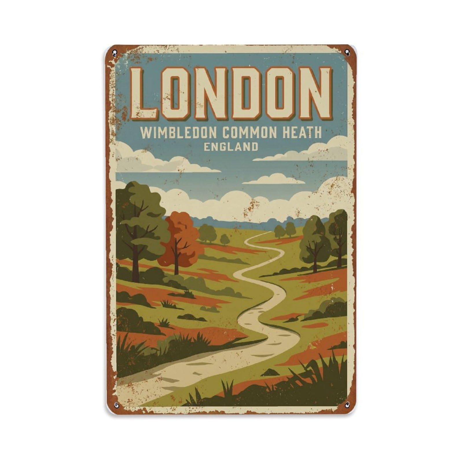 Vintage Travel London Wimbledon Common Natural Heath Rusted England Metal Tin Sign Plaque Wall Decor for Cafe, Club Bar, Office, Home Garden Metal Poster 8x12Inch