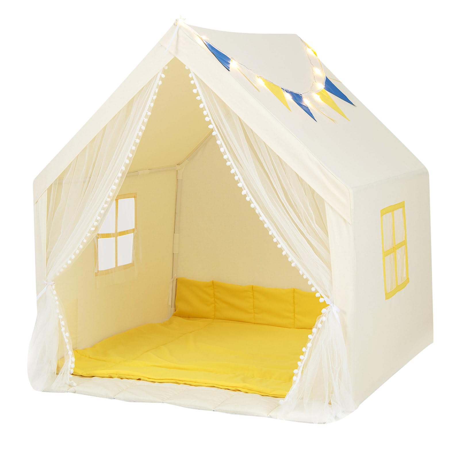HOMASIS Kinderzelt für Indoor & Oudoor, Kinder Spielzelt mit Sternenlichtern & Matte & Fenster & Vorhang, Spielhaus Prinzessin für Jungen & Mädchen, Kinderspielhaus Tipi Zelt 121x105x125cm