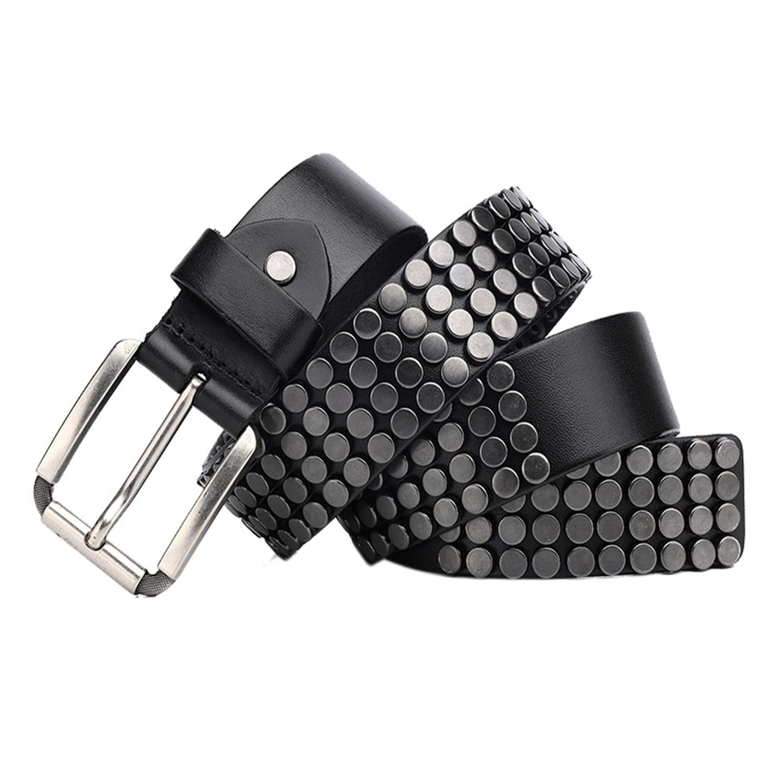 Men's Belt 4 Rows Metal Beaded Leather Belt For Men Women Denim Reddish Brown(Black,125Cm/49.2'')