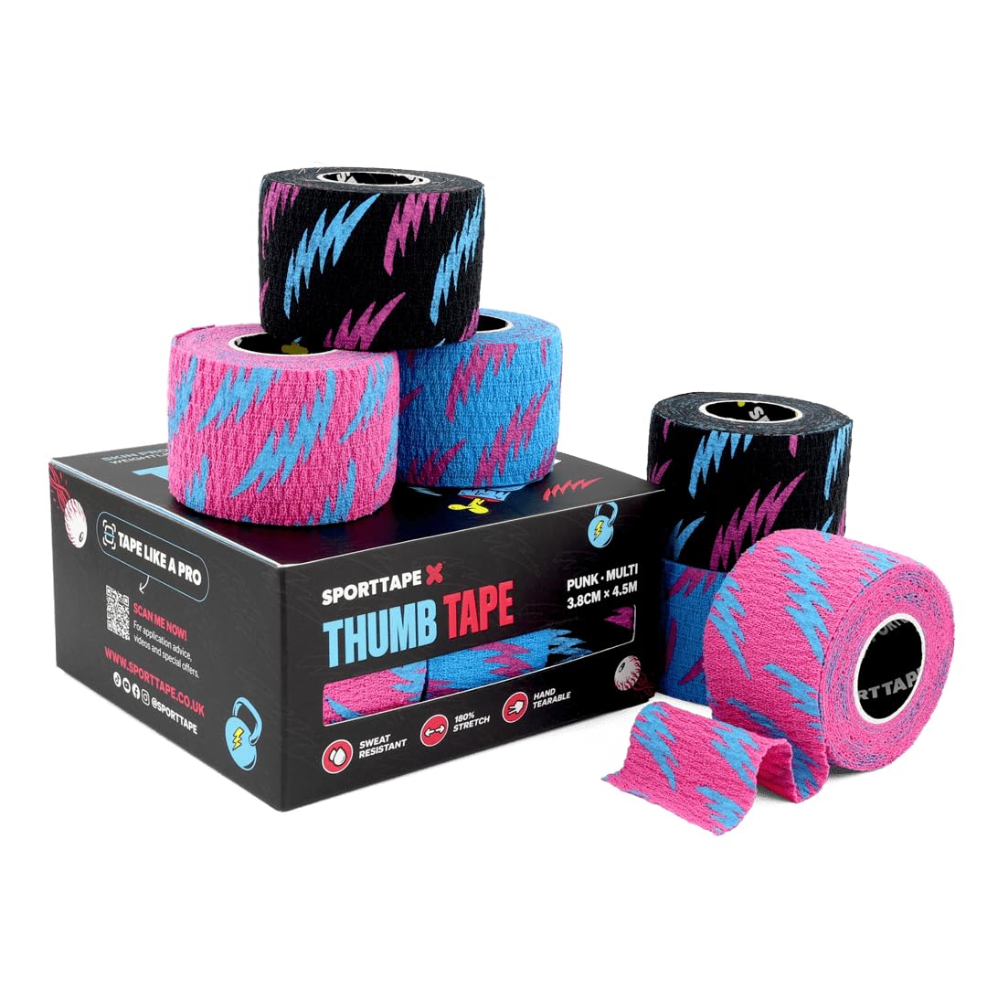 SPORTTAPE6 Rolls Weightlifting Thumb Tape | Latex Free with Sweatproof Adhesive | Easy Tear, Increases Bar Grip | Thumb Blister Protection for Gym, Hook Grip, OLY Lifting, Finger - 3.8cm x 4.5m