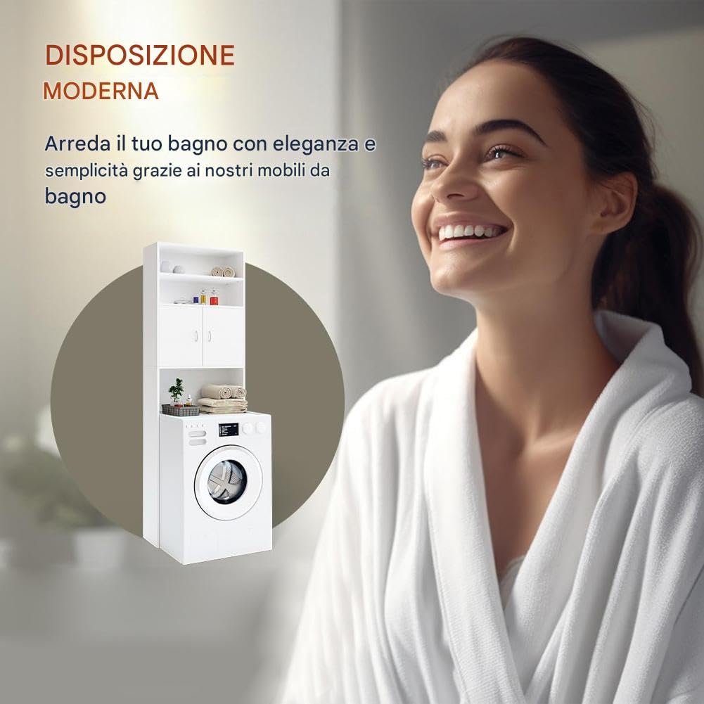 BAKAJI Mobile per Lavatrice da Bagno Lavanderia Salvaspazio, Mobiletto Armadio a Colonna, 3 Mensole e 2 Ante, Armadietto Legno Bianco per Corridoio, Design Minimal, Ripiano Capiente, 63 x 20 x 185 cm