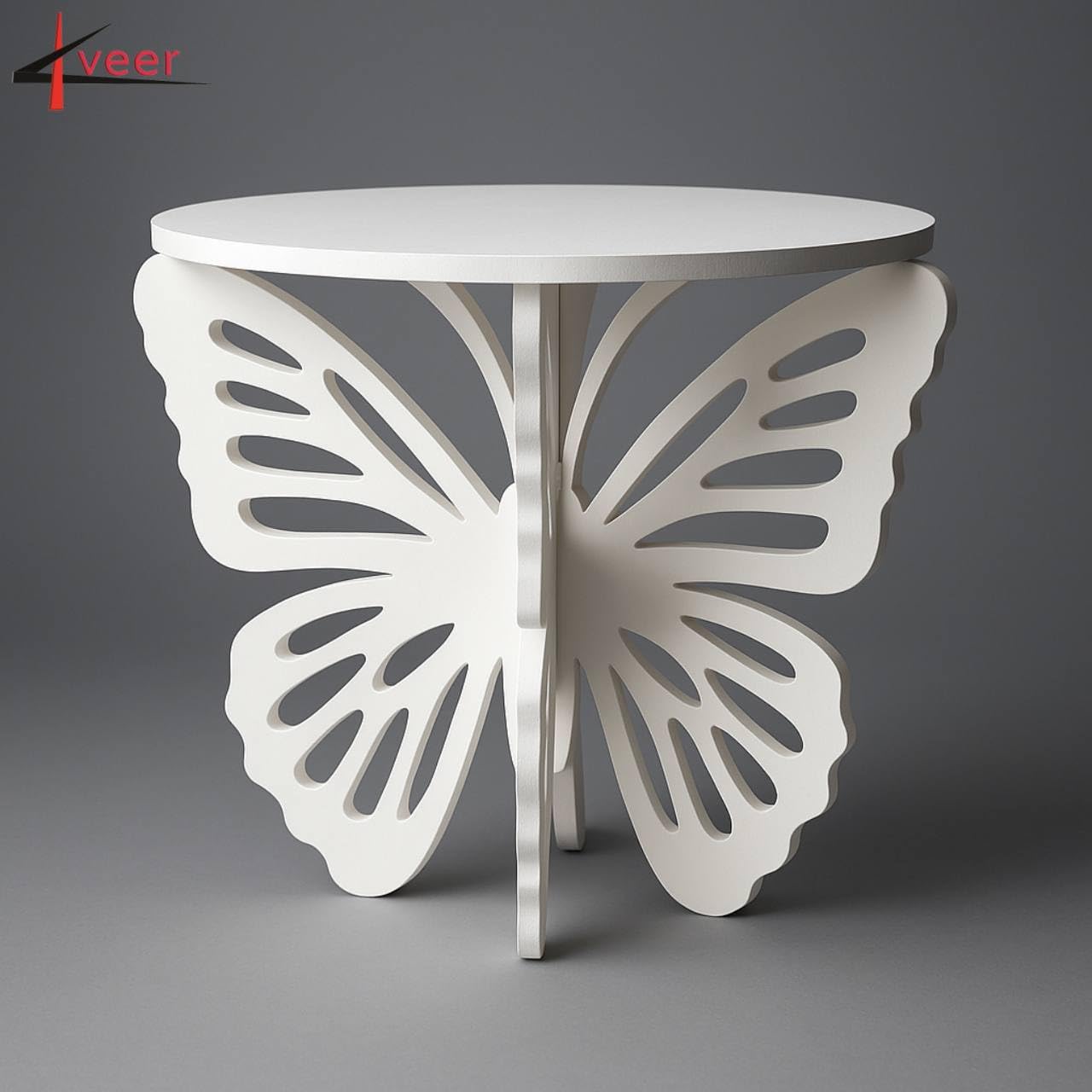 kveer Wood Butterfly Design Wooden Side Table – White MDF Plant