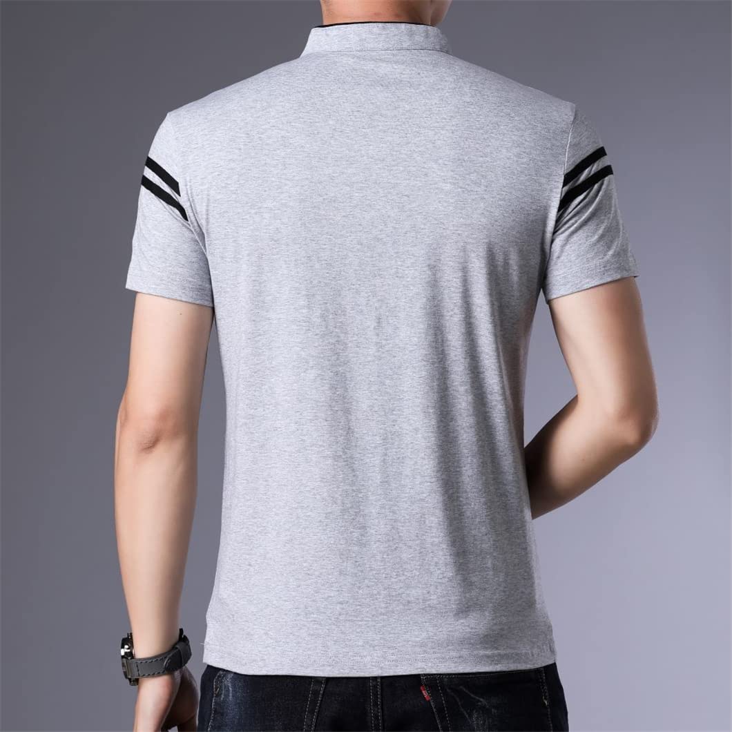 Disimlarl Maglietta da uomo con colletto alla coreana a righe con lettera a maniche corte in cotone estivo Business Casual Top, blu navy, XL