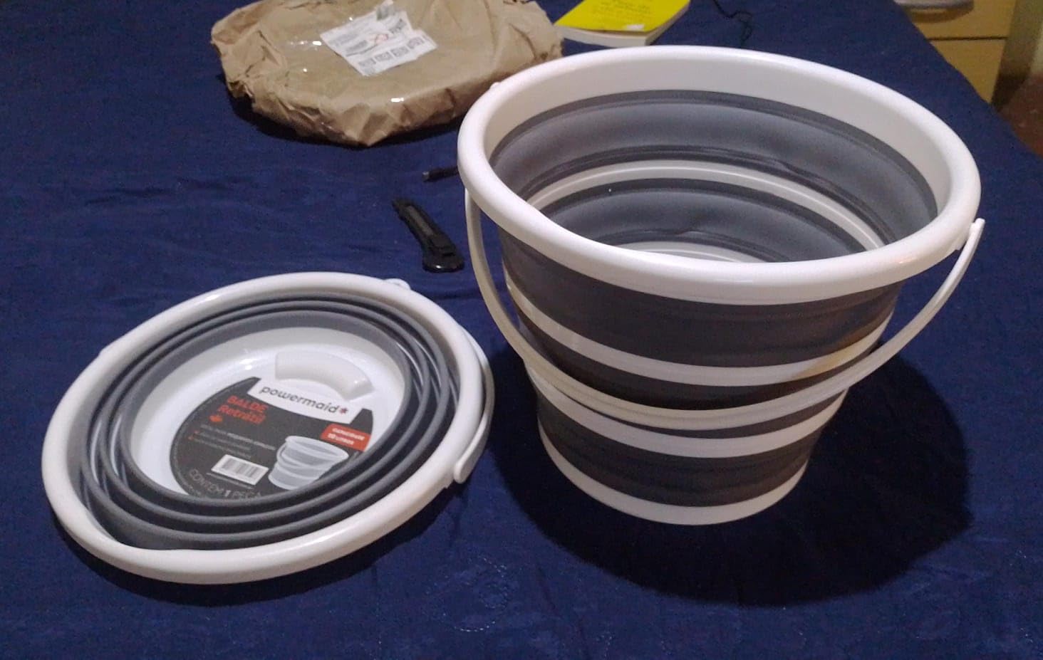 Powermaid Balde Retrátil de Silicone com Alça Dobrável Multiuso – 10 Litros – Branco e Cinza