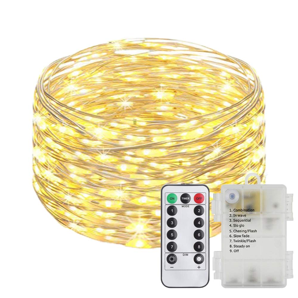 ER CHEN Fairy Lights Battery Operated Waterproof 8 Modes with Remote Timer, 33ft 100 LED Silver Coated Copper Wire le String Lights for Indoor Outdoor Decor (Warm White)