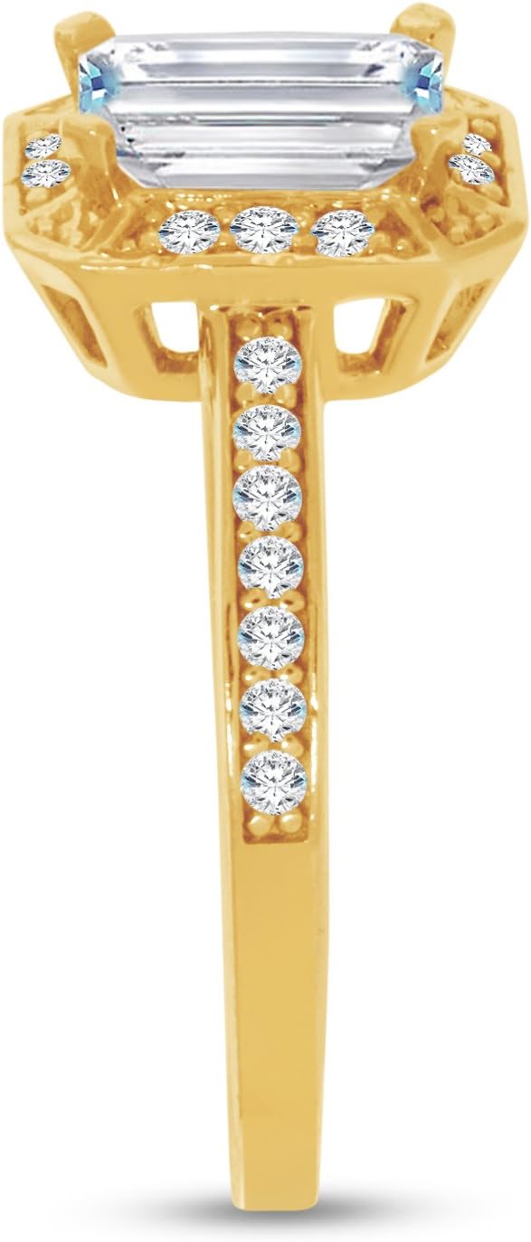 Solid 14k Yellow Gold CZ Cubic Zirconia Halo Engagement Ring - Emerald-Cut/Shape Solitaire with Round Side Stones (1.25cttw., 1.0ct. Center)
