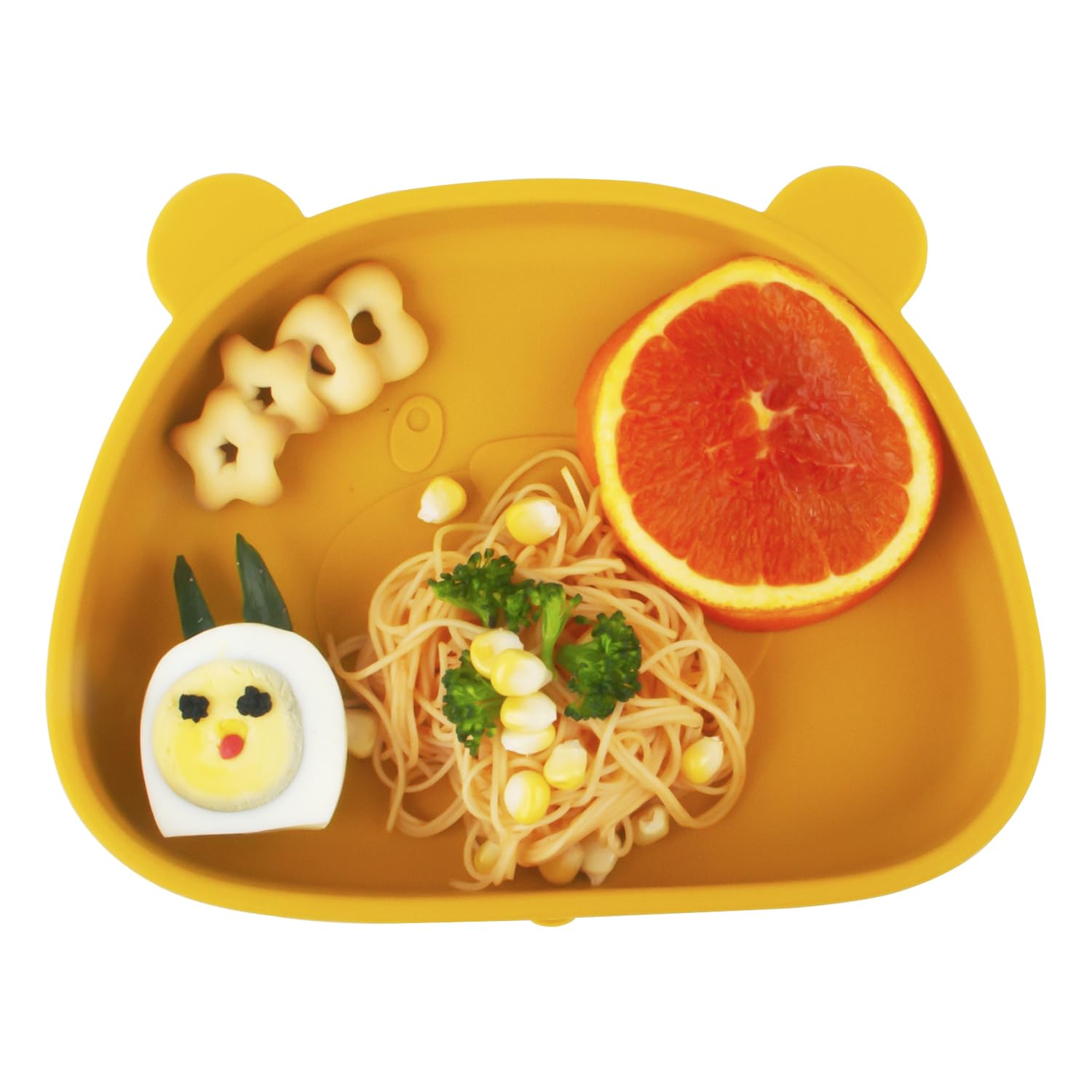 Set Vaisselle pour Bébé Silicone avec Ventouse, 4 Pièces, Set Repas pour Enfants, Inclus Anti-dérapant Assiette, Bol, Cuillère + fourche, Compatible Lave-vaisselle, Micro-onde, sans BPA (jaune)