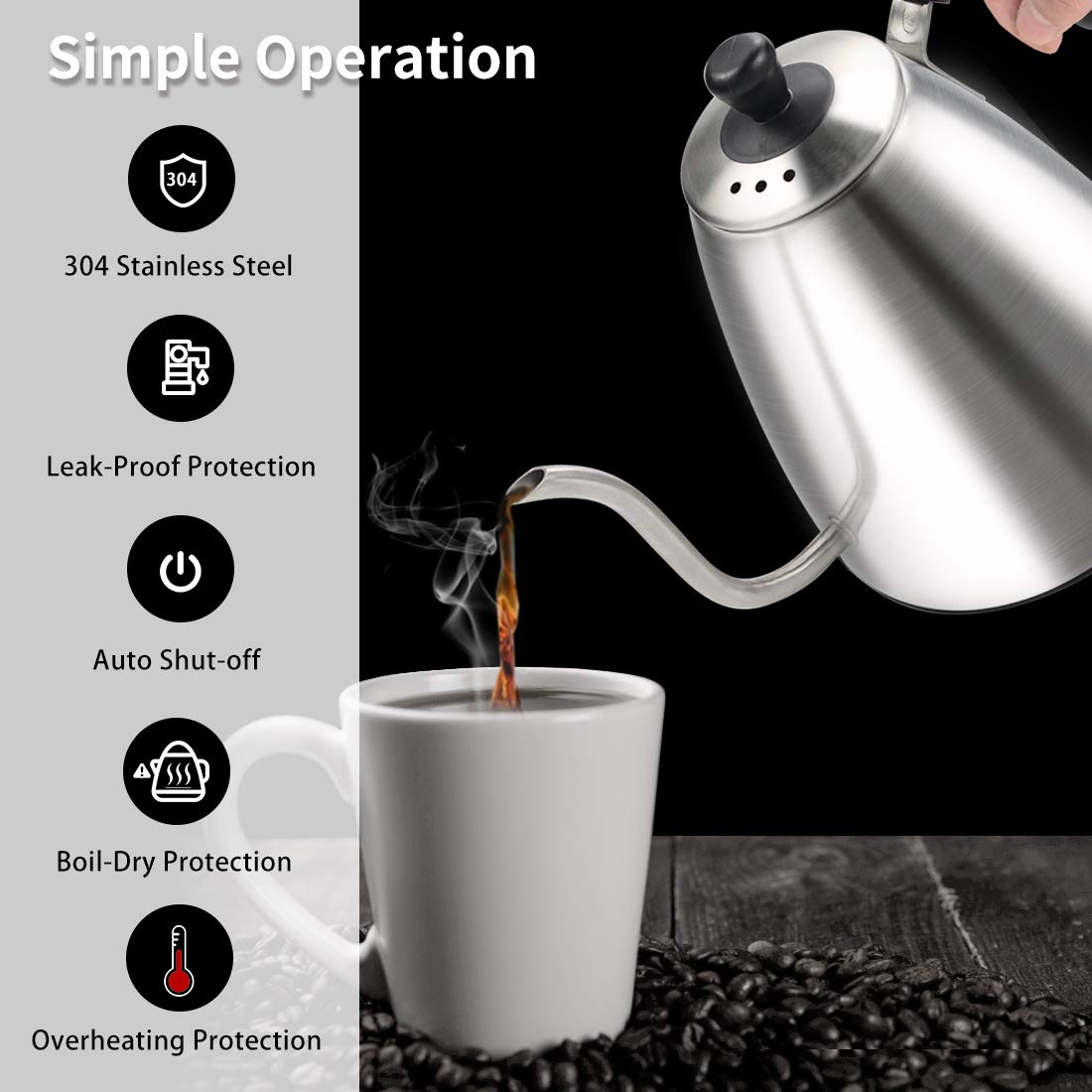 Gooseneck Electric Kettle, CUSIMAX 1L Pour Over Coffee Kettle Tea Kettle, Temperature Controls