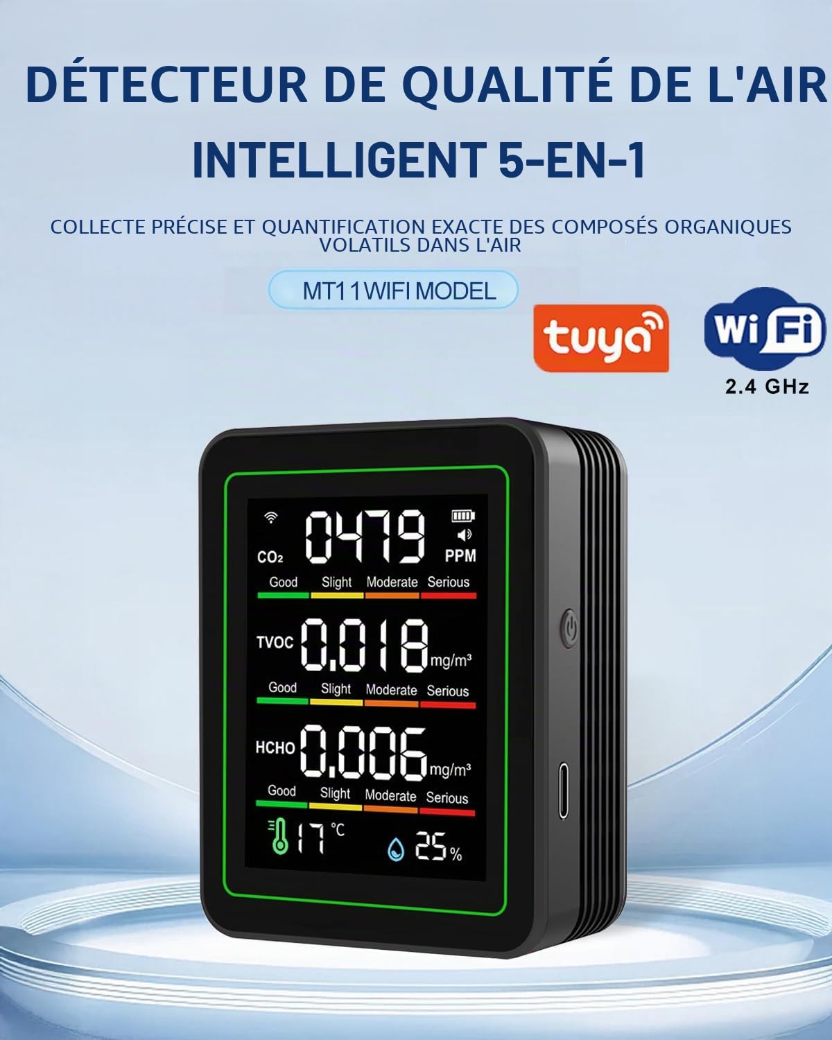 Moniteur intelligent de qualité de l'air 5 en 1 : WiFi intérieur qualité de l'air, compteur détecte TVOC, CO2, HCHO, température et humidité, pour la maison et le bureau avec contrôle de l'application