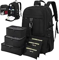 Mochila viagem de expansão de 50 litros, com 6 sacos de armazenamento, Anti-roubo, com porta USB e porta de fone de ouvido, mochila notebook, Adequado para homens e mulheres (preto)