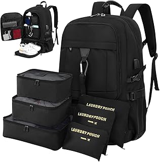 Mochila viagem de expansão de 50 litros, com 6 sacos de armazenamento, Anti-roubo, com porta USB e porta de fone de ouvido, mochila notebook, Adequado para homens e mulheres (preto)