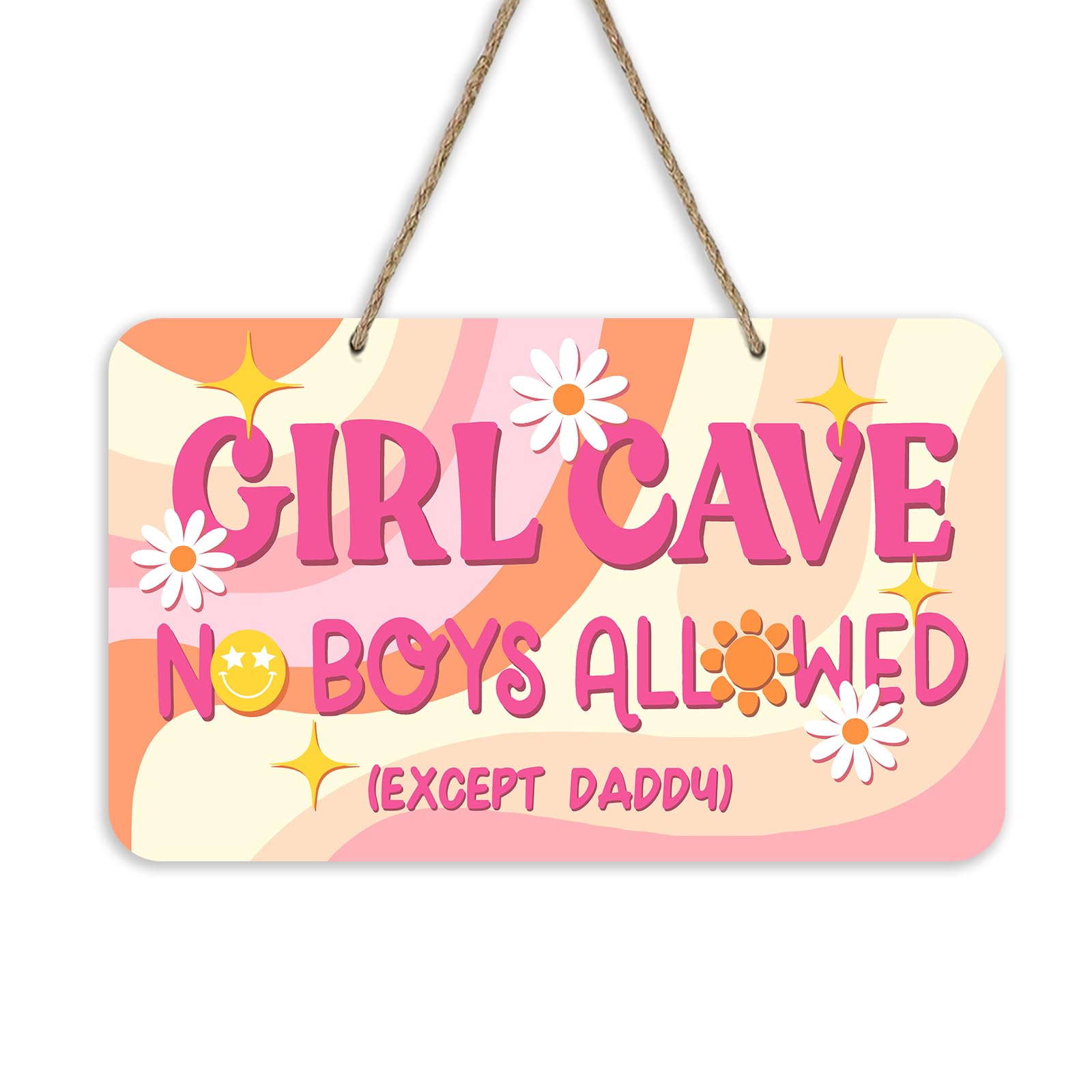 Bolisom Girl Cave No Boys Allowed Expect Daddy Front Door Sign, Pink Fluid Painting Art Wooden Door Hanger Toddler Baby Nursery Decor, Daisy Wreath Indoor Kid Teen Girl Bedroom Wall Hanging Decoration-image-9