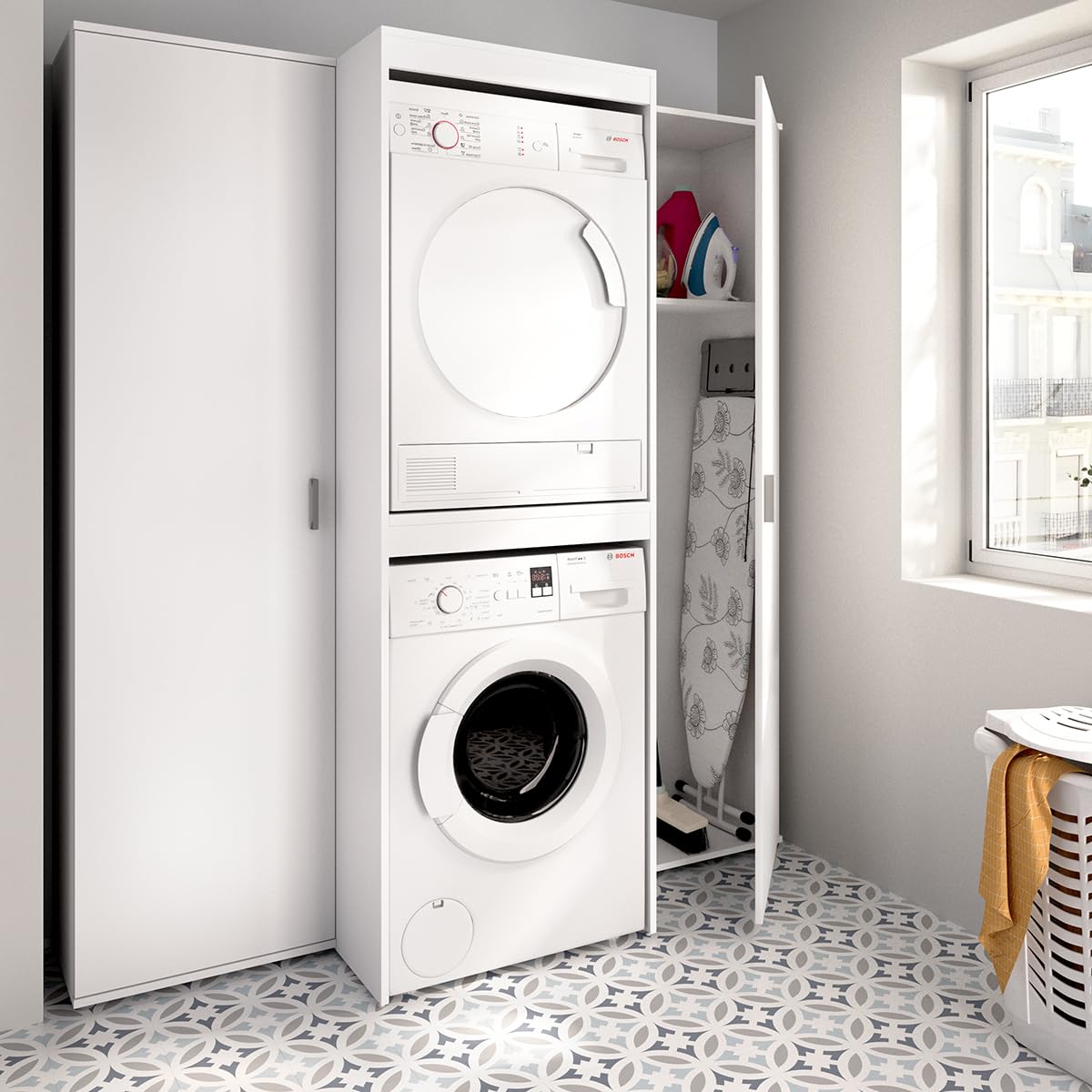 DEKIT - Conjunto DE Armario con 1 Puerta Y Mueble Alto para Lavadora Y Secadora con ALMACENAJE 190x141,3x62cm