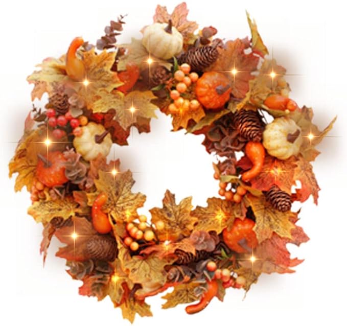 LED Fall Wreath with Lights for Front Door, 40cm Artificial Autumn