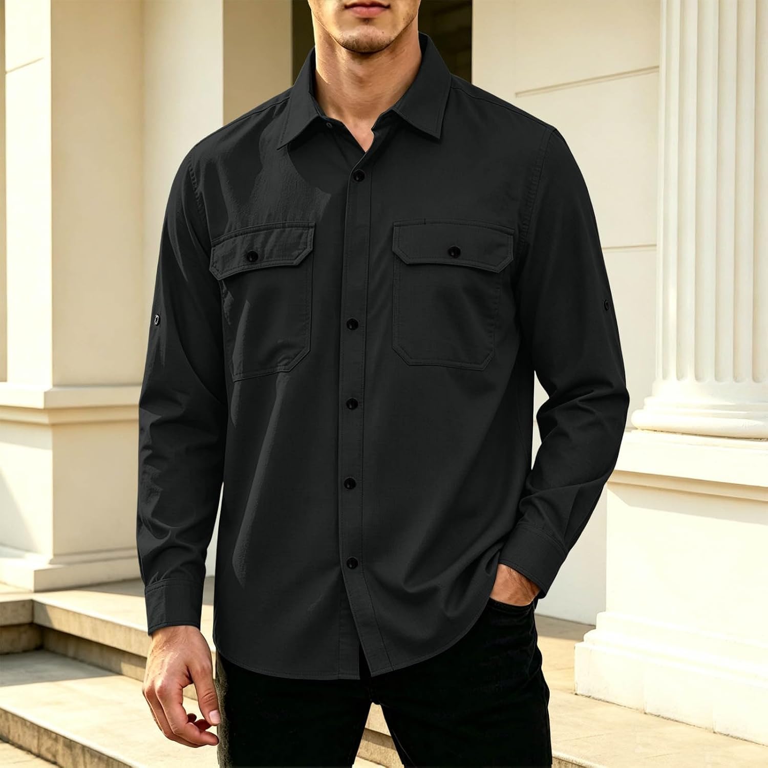 Mens Lightweight Work Shirt Long Sleeve Roll Up Sleeve Button Top