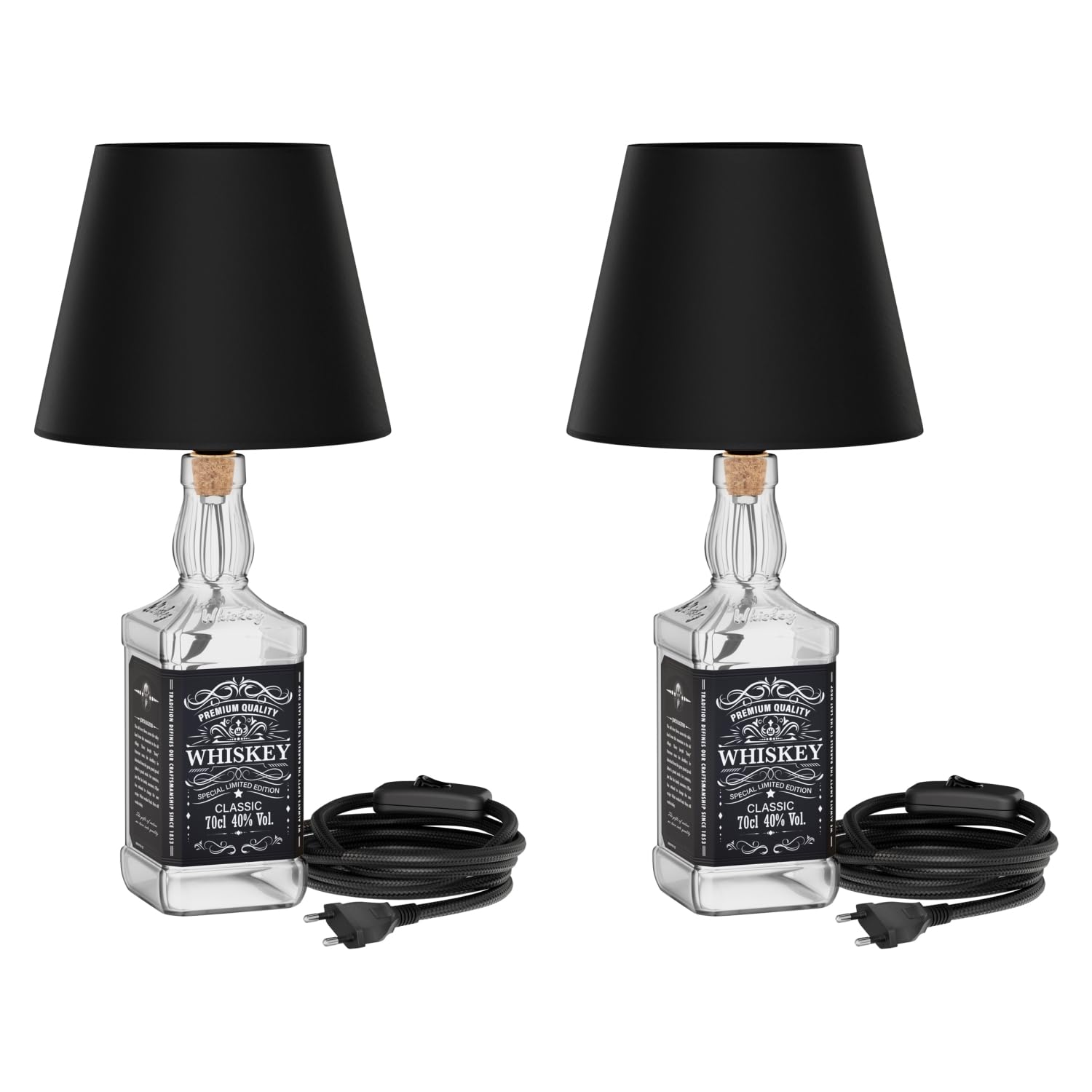ledscom.de 2 lampade da tavolo FLAKO, cavo in tessuto + paralume nero, con lampadina E27 RGB inclusa, smart (bianco caldo - bianco freddo, 892 lm), senza bottiglia
