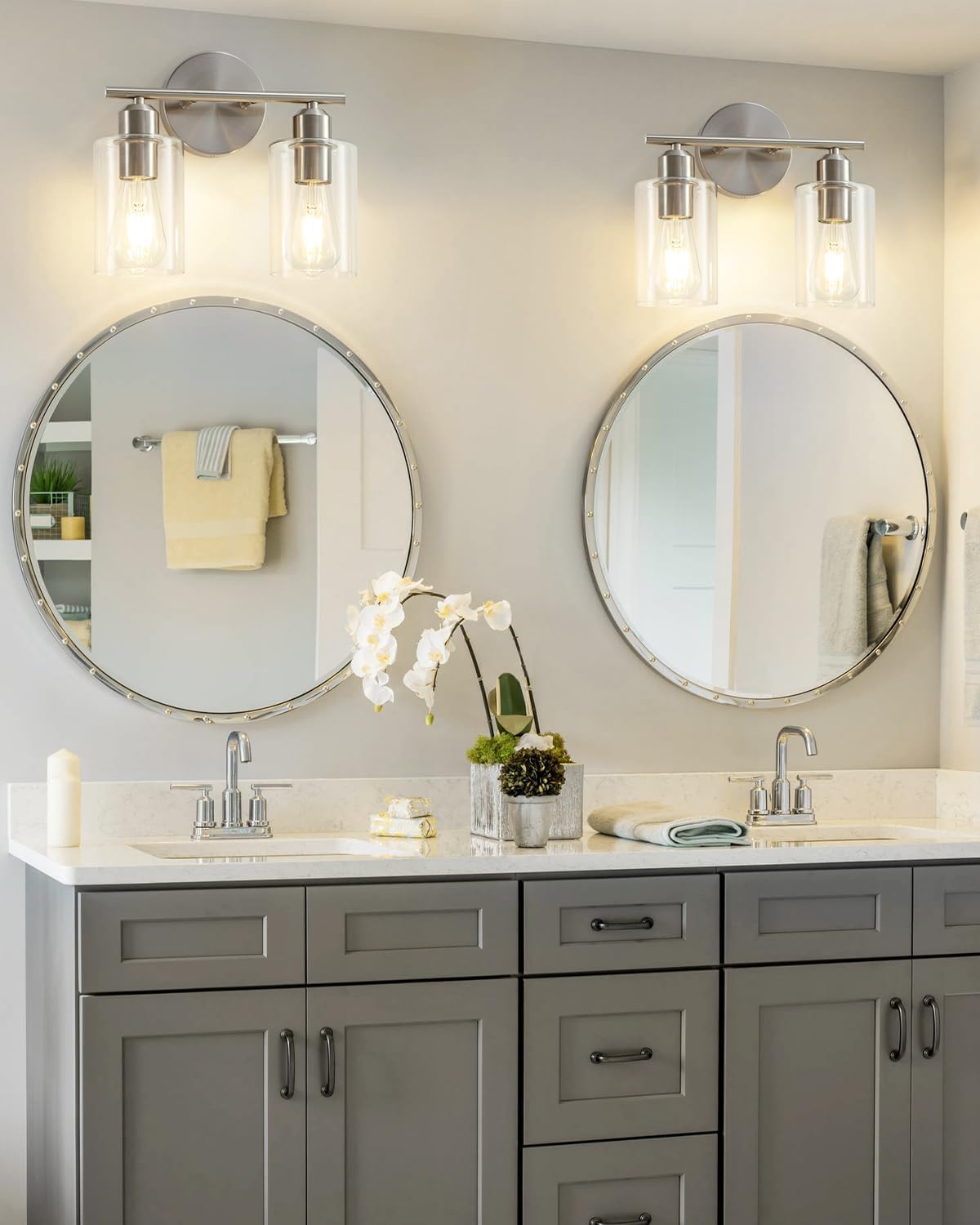 Brushed Nickel 2-Light Vanity Fixture with Clear Glass Shades