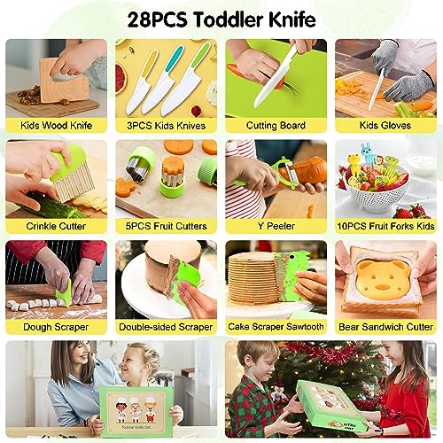 28PCS Toddler Knife Set - Kids Knifes for Real Cooking, Montessori Kids Kitchen Knife Set with Cutting Board Crinkle Cutters Kid Safe Knives, Toddlers Kitchen Tools for Age 2-10 Year Old Girl Boy - Image 4