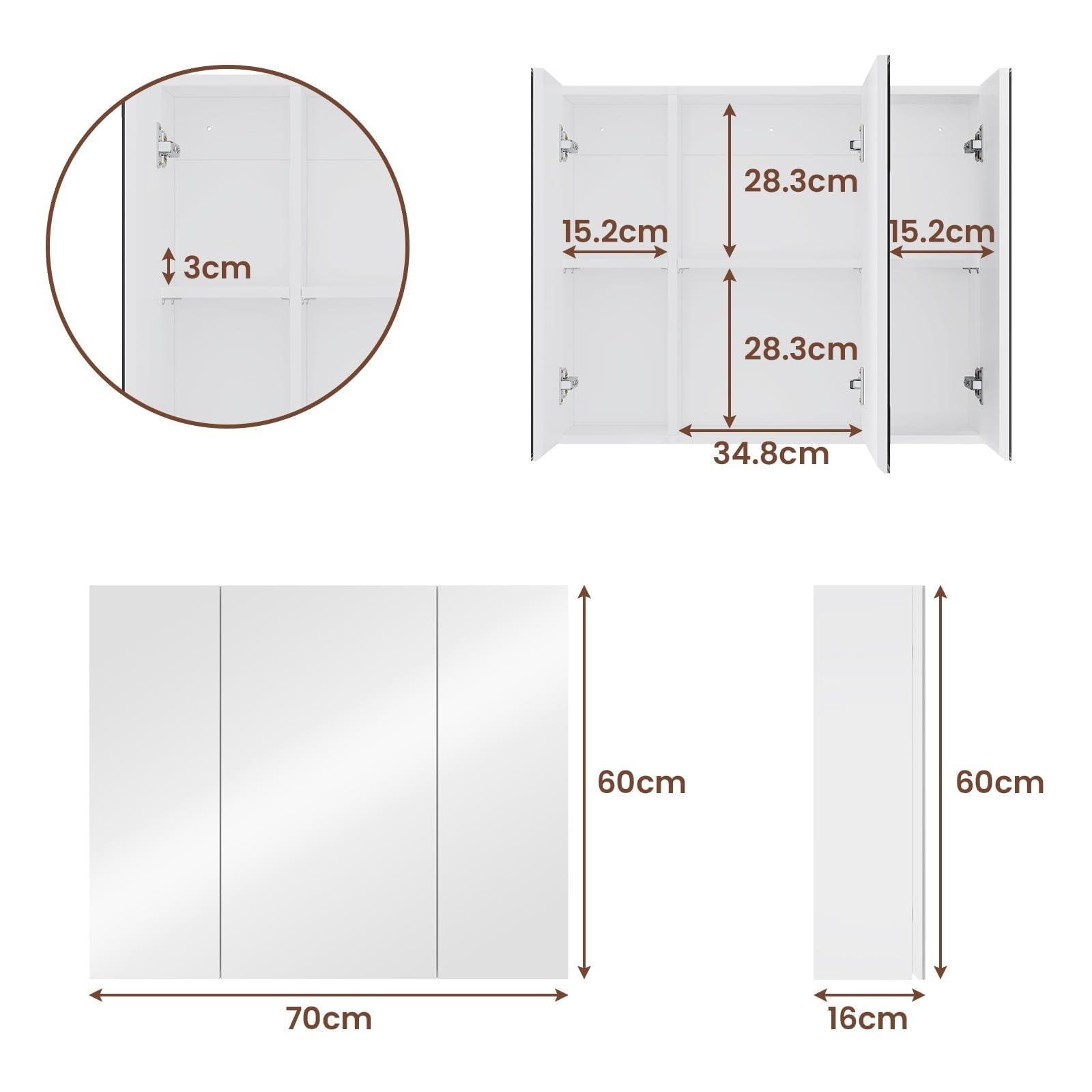 DICTAC Armario de Baño con Espejo 70x60x16cm Armario de Pared con 3 Puertas y Estantes Ajustable Espejo de Pared con Espacio Interno de Almacenamiento, 70cm Armario con Espejo para Baño,Blanco