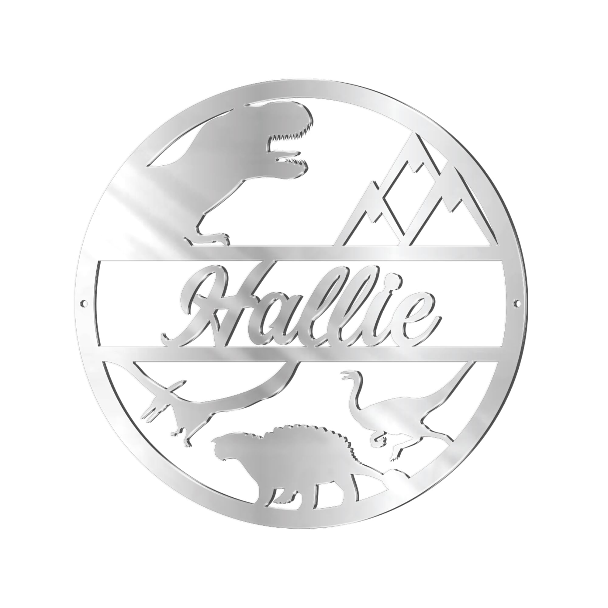 Print Maniacs Personalised Any name Hoop Dinosaur Custom Wood Colour Acrylic Wreath Circle Loop Baby Room Nursery Birthday Christmas Wedding Party Wall Decor Plaque (20cm, Silver Mirror)