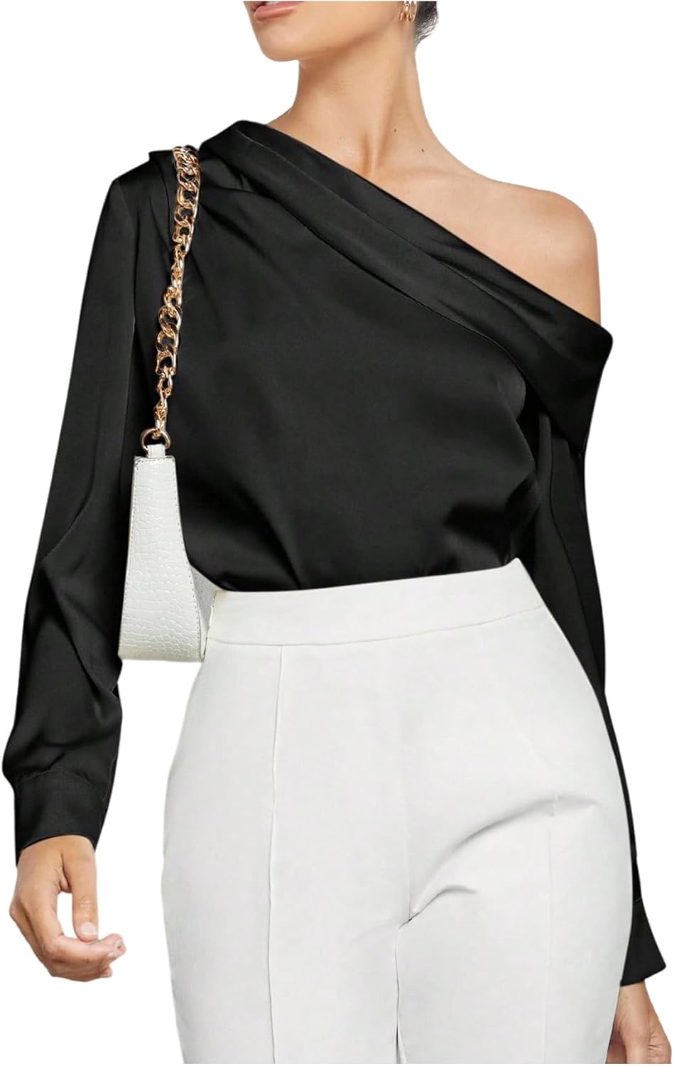 SweatyRocks Women's One Shoulder Satin Blouses Long Sleeve Elegant Business Work Tops