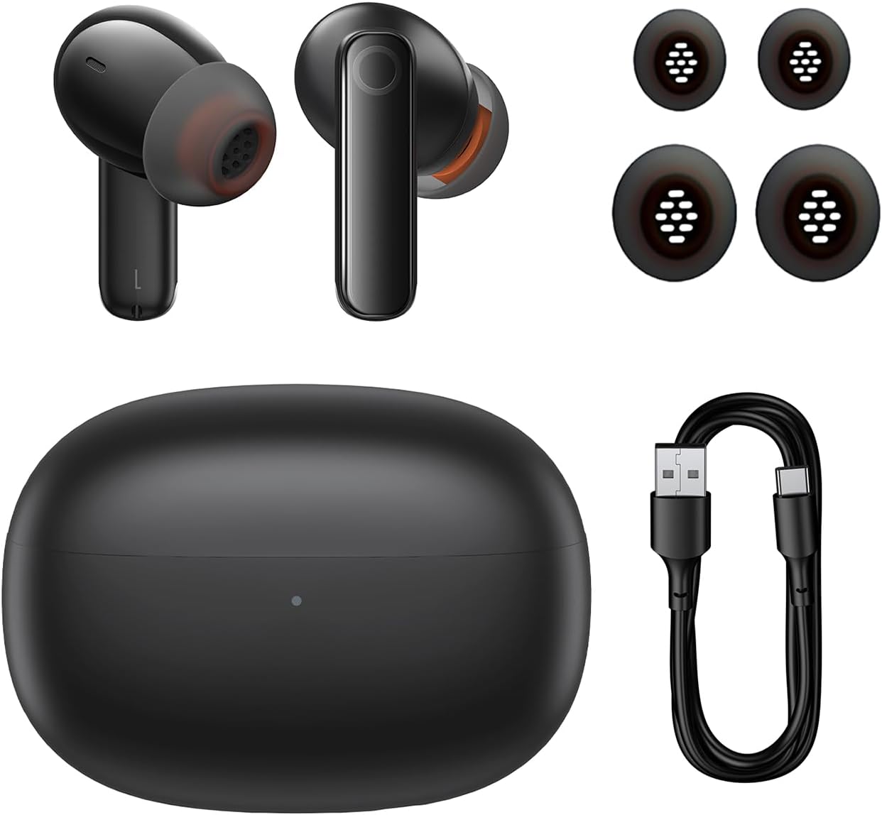 Contents of the Baseus Bowie MZ10 package including earbuds, charging case, ear tips, and charging cable.