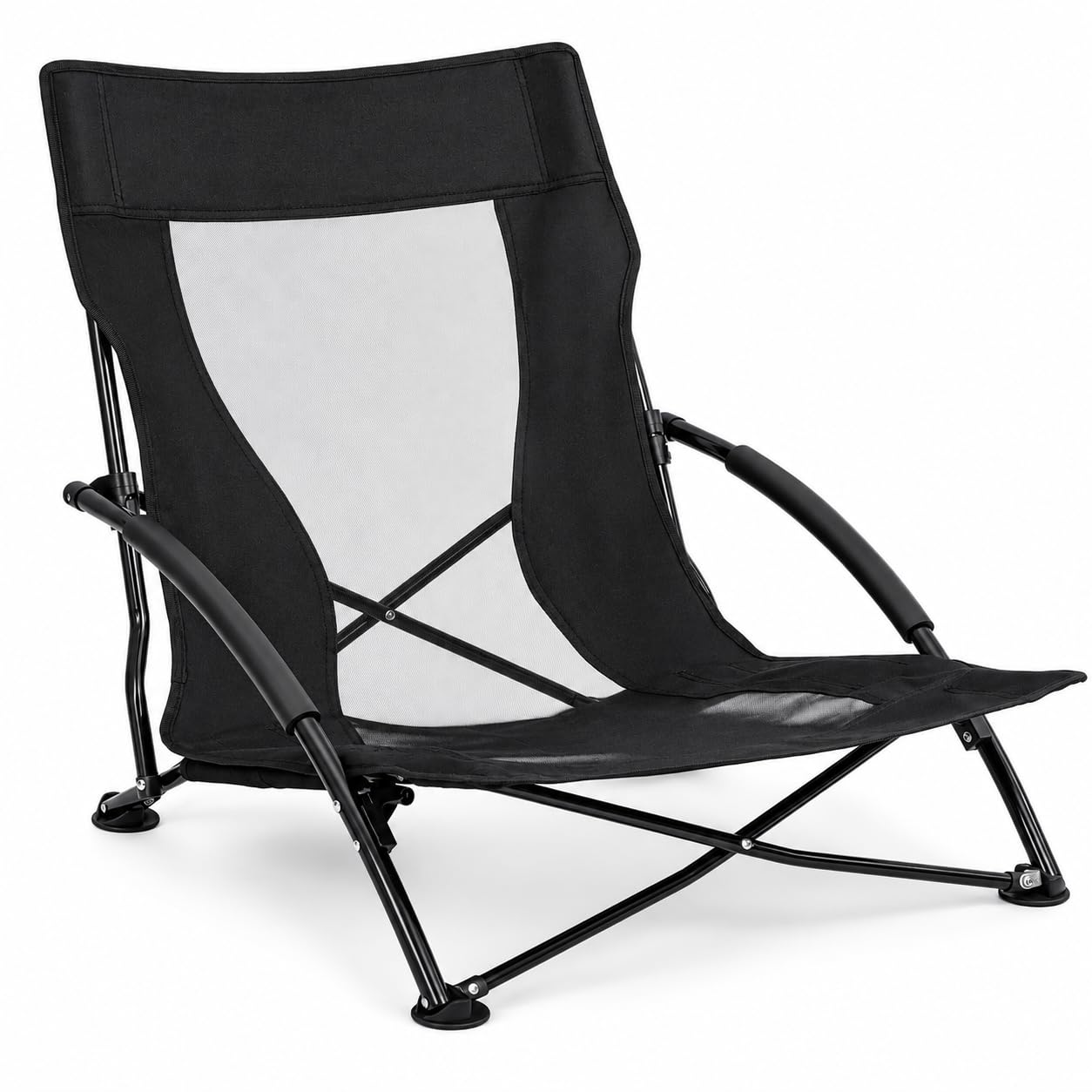 T-LOVENDO.ES Silla Plegable Baja de Playa y Camping/Portátil y Compacta/Respaldo Transpirable/Reposabrazos Acolchados/Estructura de Acero Robusta/Patas Antideslizantes/hasta 150 kg