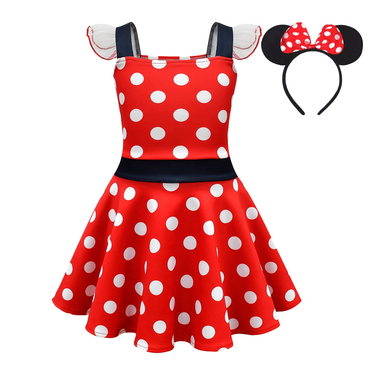 Lito Angels Disfraz Vestido de Minnie Mouse con Aro de Pelo Orejas de Ratón para Niñas Pequeñas, Lunares Rojos/Rosa Fuerte