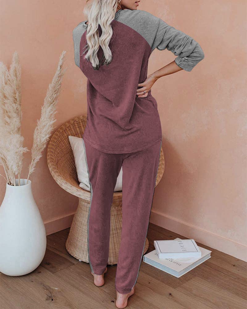 Ekouaer Ensembles de Pyjama Femme à Manches Longues Hiver Vêtements de Nuit à Col Rond Couleur Contrastée S-XXL