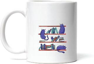 Gift Idea for Pet Lovers Library Cats Illustration Cats Climbing Bookshelf 11oz 15oz White Coffee Mug