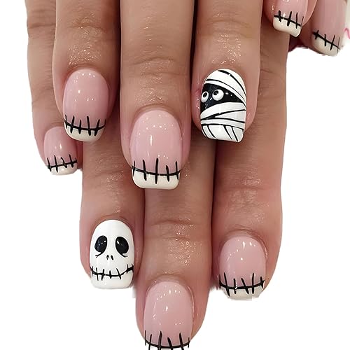 Uñas postizas de punta francesa para Halloween, uñas postizas cortas cuadradas con diseños de parches de calavera, cobertura completa, uñas postizas
