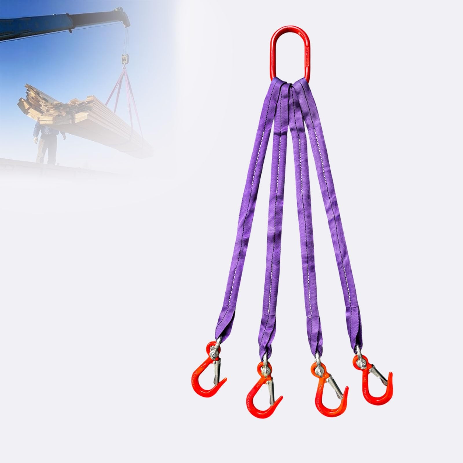 sunbiaouk Four Leg Bridle Web Sling, 4409 lb Web Slings Belt Type with Hook, Heavy Duty Four Leg Rigging Strap for Engines, Cranes, Hoists, Truck, Purple(2 tons,1m)