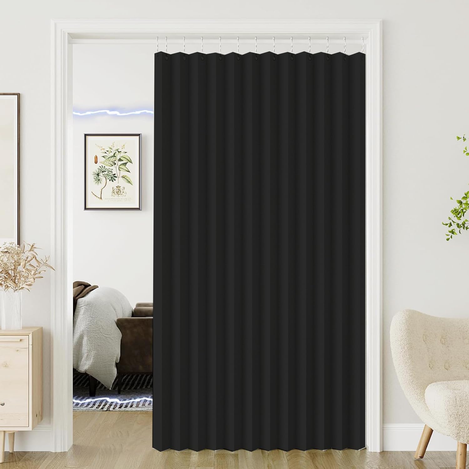 Custom folding magnetic door curtains suitable for doorways, room dividers, living rooms, bedrooms, and open closets.-Black- W160xH220cm