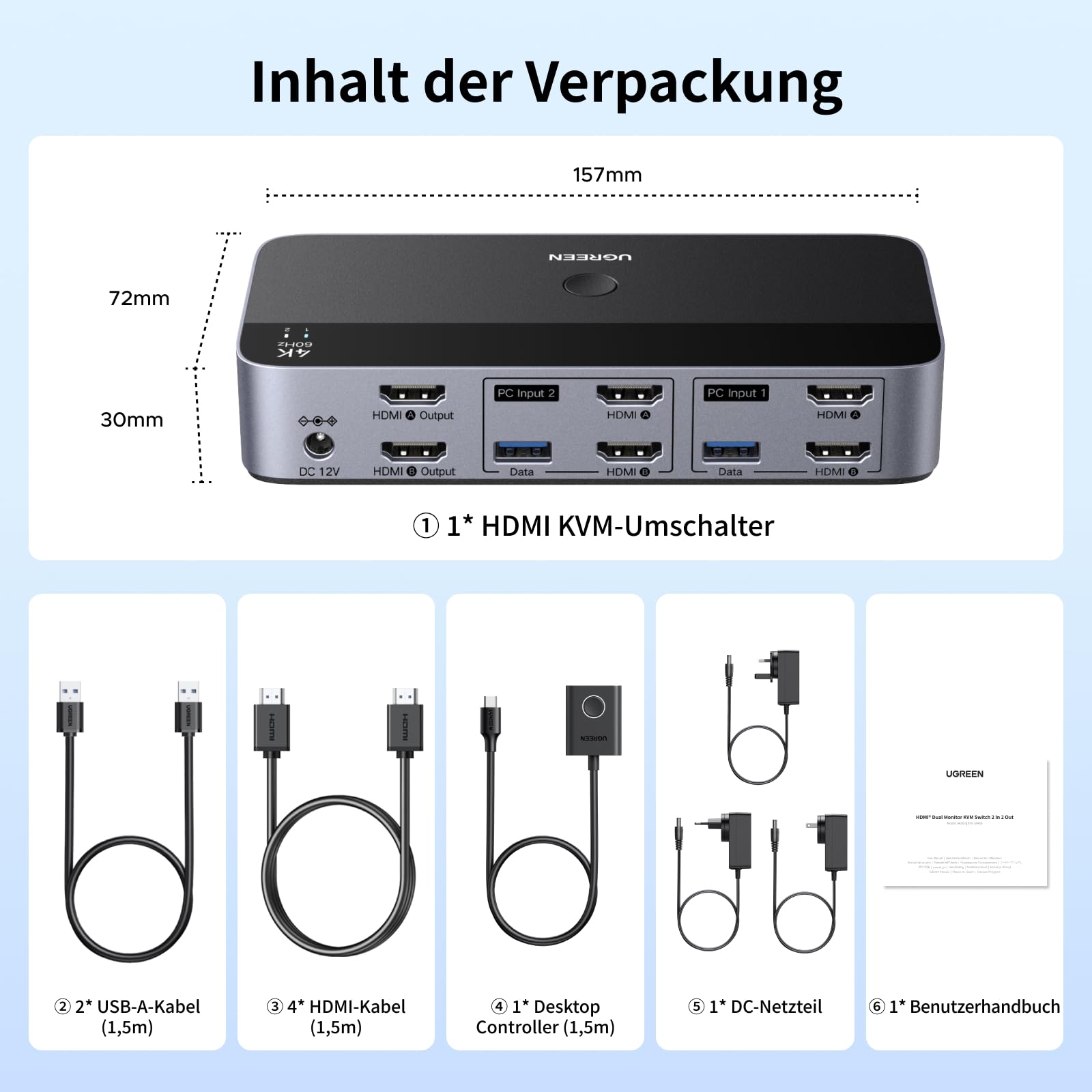 UGREEN HDMI KVM Switch 2 PC 2 Monitore 4K60Hz Tastatur und Desktop-Controller Umschaltung 4 USB 3.0 Ports Kompatibel mit Windows/Linux/MacOS usw.