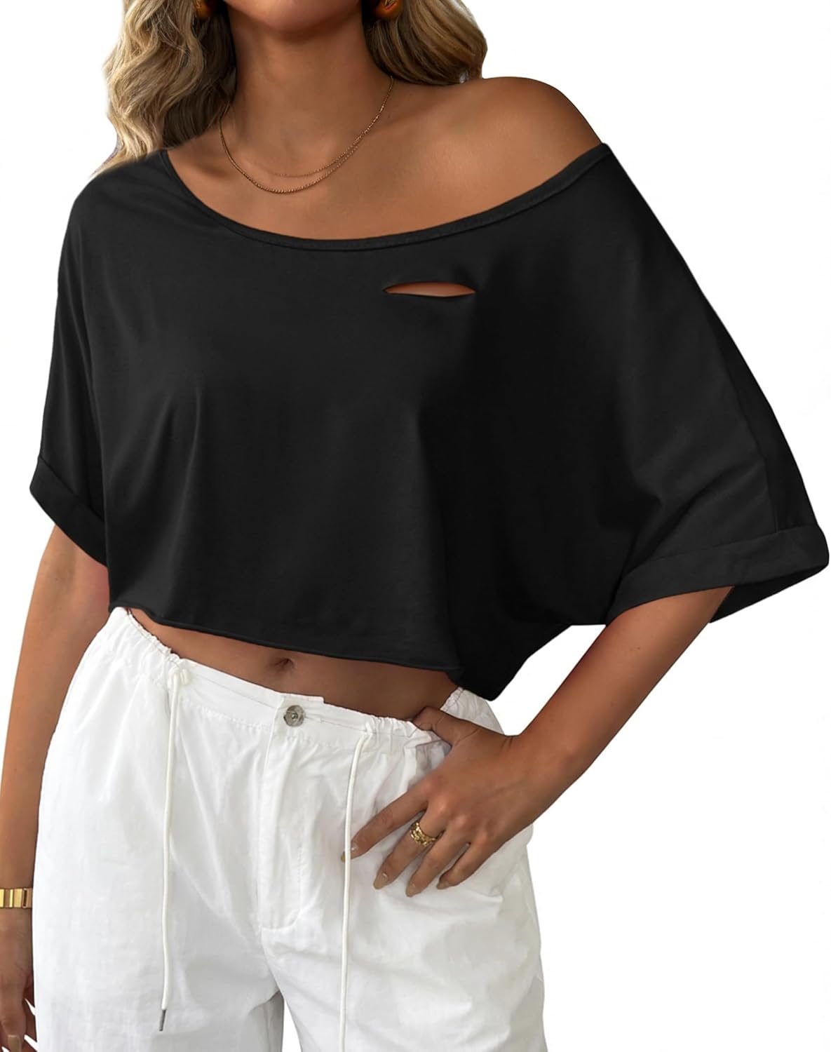 Avanova Women Off The Shoulder Crop Tops Distressed Ripped Batwing Short Sleeve Oversized Tee T-Shirt