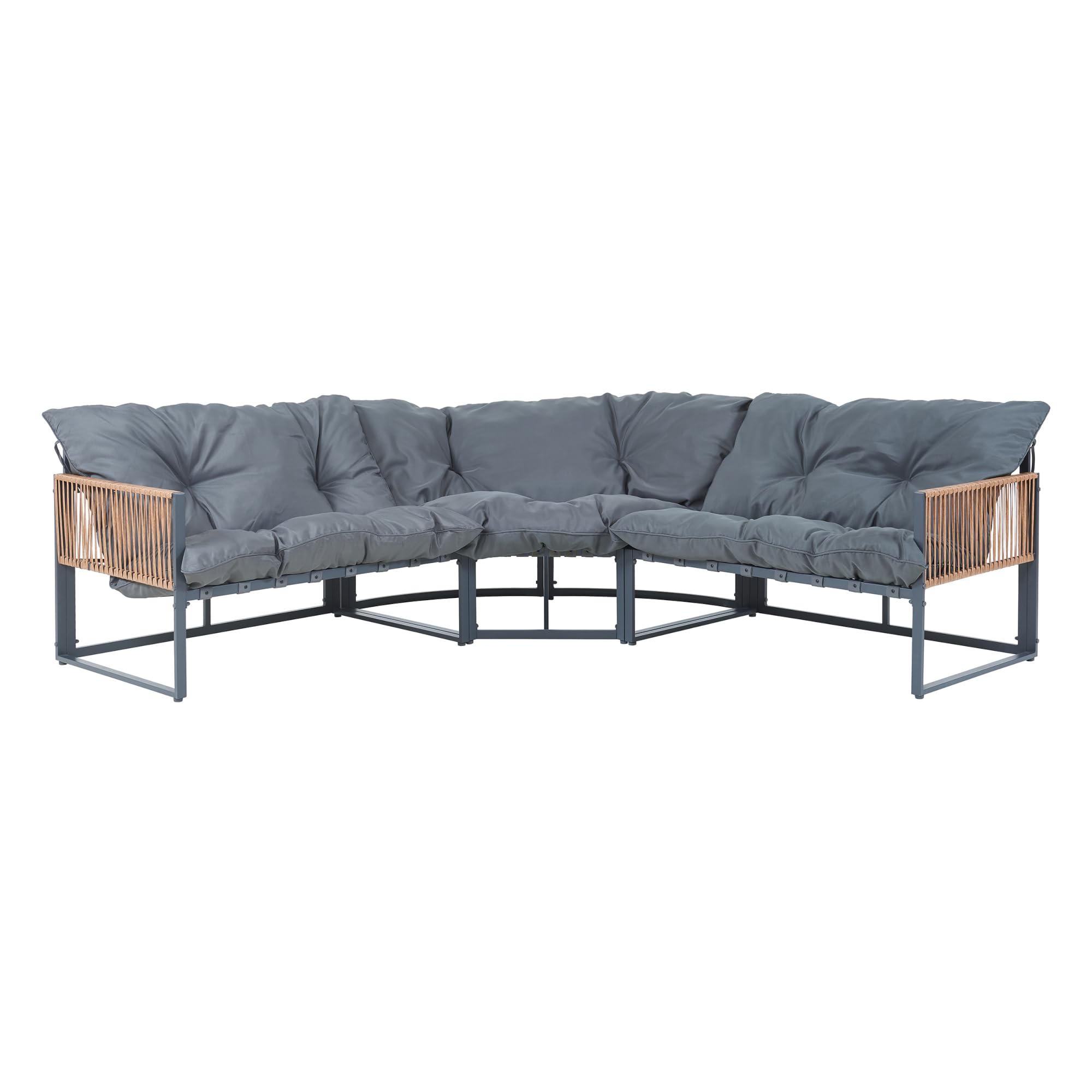 casa.pro Gartenmöbel Set Karg Balkonmöbel Lounge Set 4-teilig Sitzgruppe 3 Sofaelemente mit Couchtisch Outdoor Ecksofa Rattan-Armlehne Kissen wetterfest Dunkelgrau/Rattanoptik