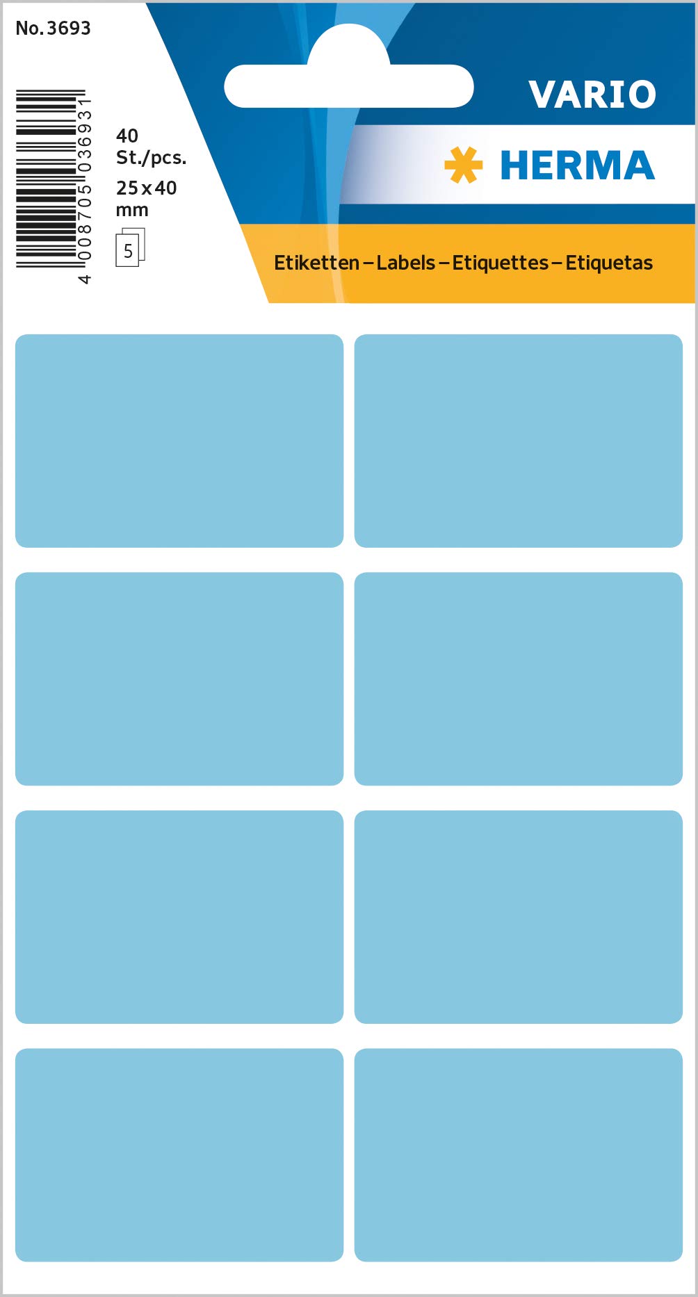 HERMA Multi Purpose Labels, 8 Labels per Sheet, 5 Sheets, 25 x 40 mm, 40 Labels, Self Adhesive Labels Stickers, Blank Sticky Labels for Office Kitchen Home, Blue