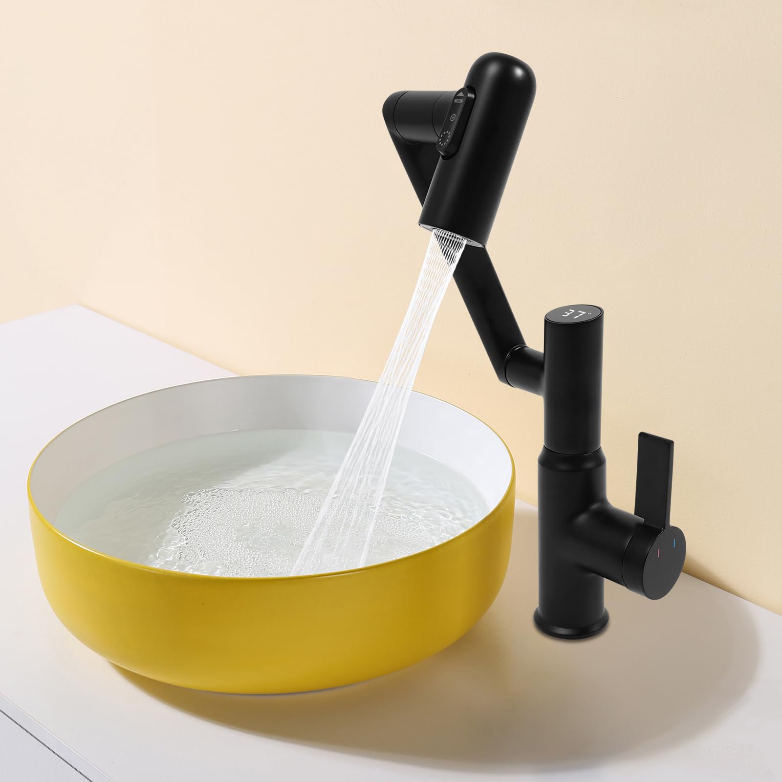 Grifo giratorio de cocina con indicador de temperatura LED, 3 modos de salida de agua, grifo de latón multifuncional para apartamentos, baños, cocina (negro)