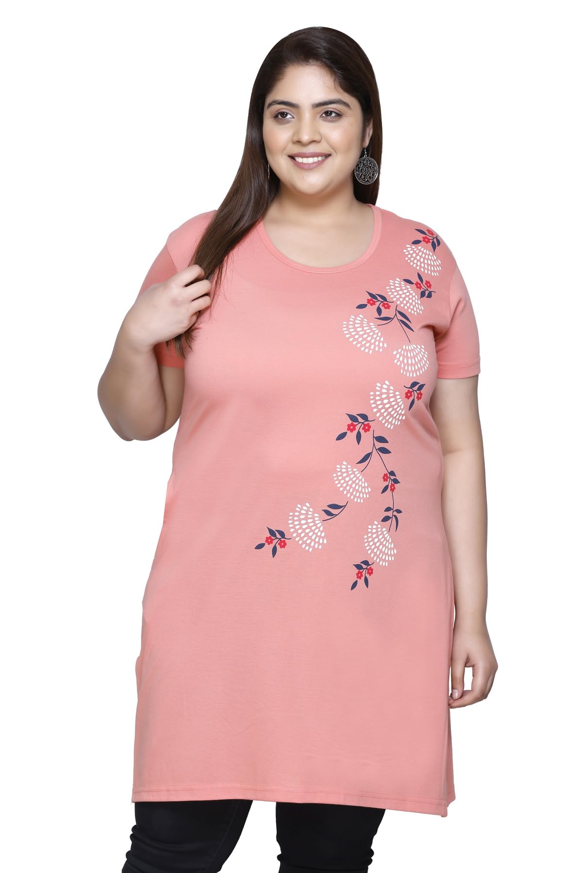 RYSHWomen's Plus Size Cotton Long-line Chest Print T-Shirt with Pocket