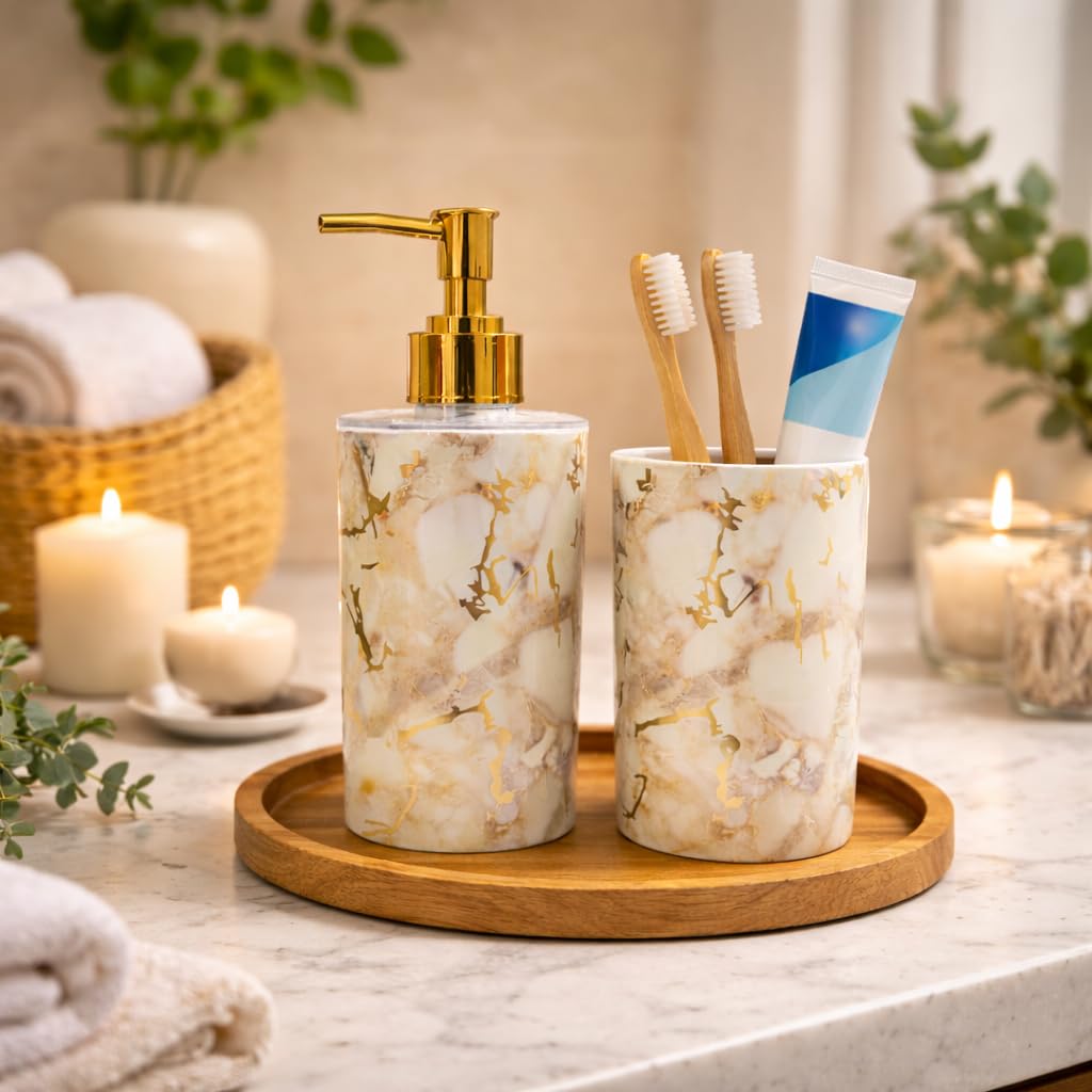 LAGET® Bathroom Accessories Set for Utility and Toothbrush Holder Bathroom Decor | Handwash Liquid Soap Dispenser Pump for Bathroom, Kitchen, Wash Basin, Sink (Cream Stone)-image-39