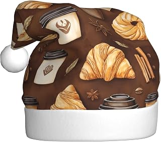 Santa Hats Adult - Soft Plush Coffee Breakfast Print Christmas Hats for Women Men, Christmas Party Supplies Accessories for Festive New Year Holiday