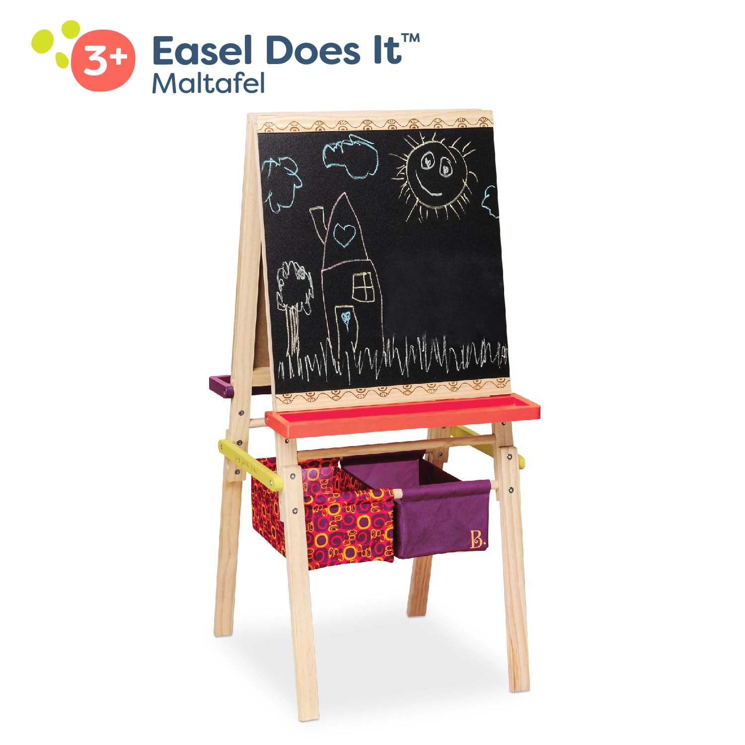 B. toys Tafel Kinder, Maltafel mit Kreidetafel, Whiteboard, Papierhalterungen, Ablagen und 2 Behälter für Zubehör – Staffelei Holz Spielzeug ab 3 Jahre