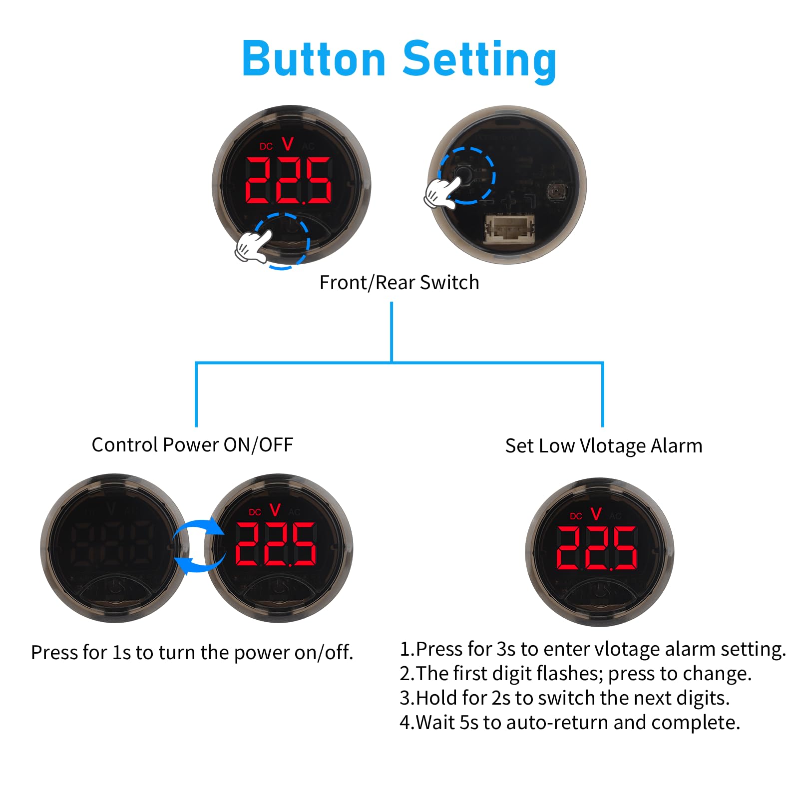 Linkstyle Voltmètre De Batterie, Jauge De Tension Dc 0-120v, Voltmètre Numérique 12v Avec Interrupteur Tactile Et Alarme De Basse Tension