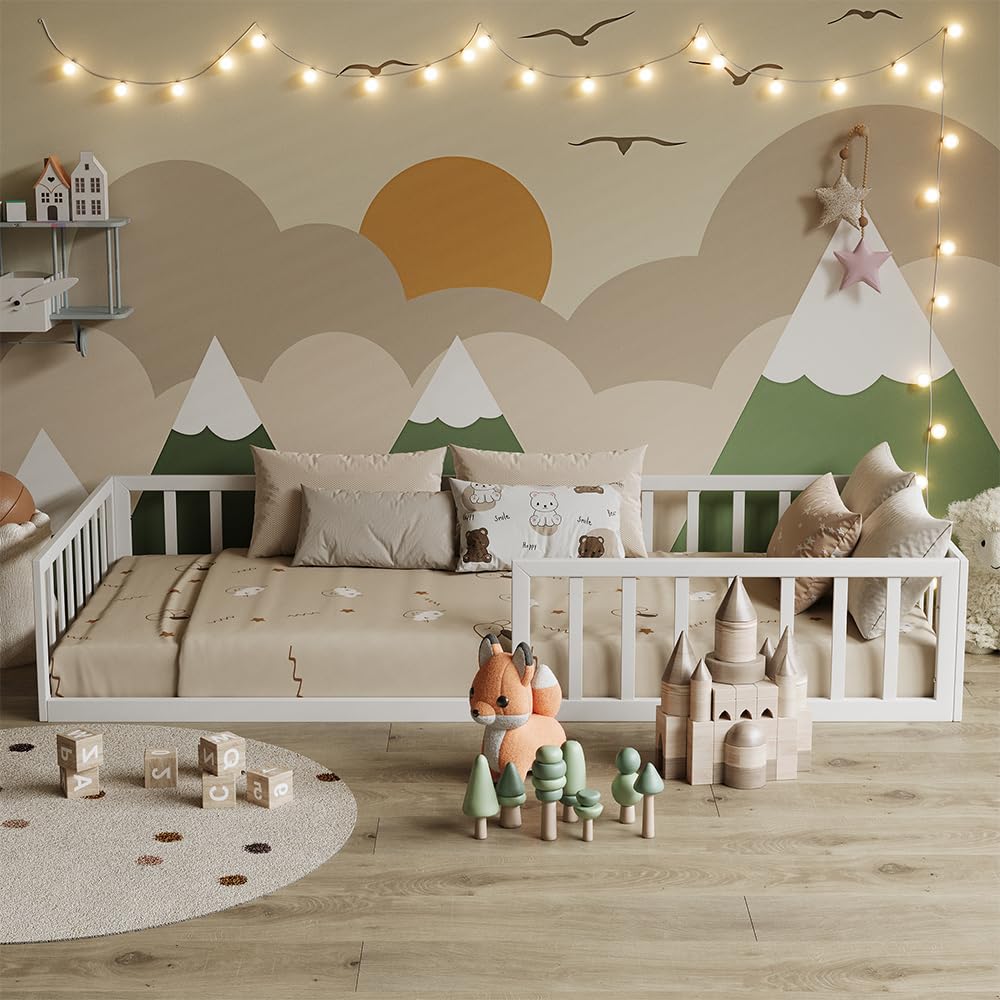 VitaliSpa Lit au Sol Minno 90x200, lit Enfant en métal, lit Montessori avec barrière de sécurité, Faible Hauteur d’accès, Blanc
