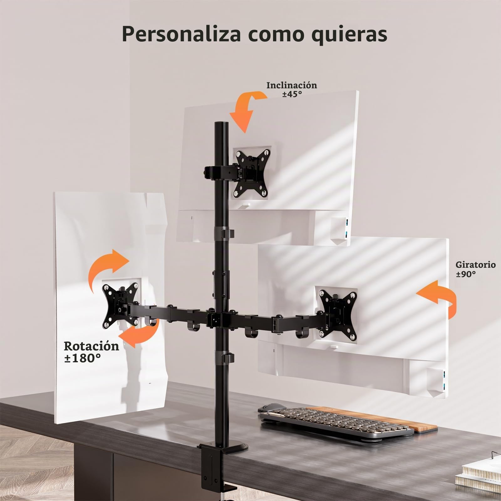 Soporte para Monitor Triple por 17-35 Pulgadas, Extra Alto de 80 cm, Montaje en Mesa, Inclinable y Giratorio, Negro